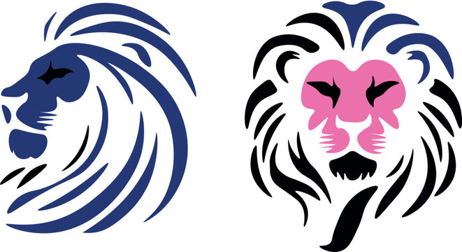 Stylized lion head vector set, minimalist lion face profile and frontal view, blue and pink feline mascot graphics for branding and sports logos