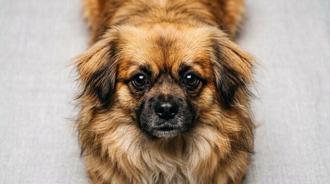 Tibetan Spaniel Face Portrait Sable Lion-Like Overhead Top-Down Flat Lay Perspective Studio Strobe Two-Point Lighting