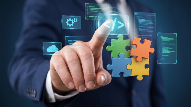 Businessman touching coding icon with colorful puzzle pieces, custom software development and system integration concept, modular application programming and cloud technology