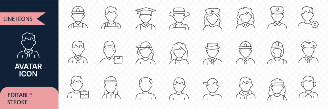 Mega Collection of Male avatar and profile line icons &ndash; editable stroke outline, front and side views in business and casual styles, outline symbols of man, user, business, and professional portrait