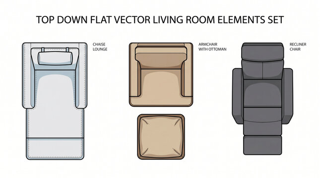 Top Down Flat Vector Living Room Elements Set Featuring chaise lounge chair, armchair with ottoman, recliner chair top-down, CAD plan symbols