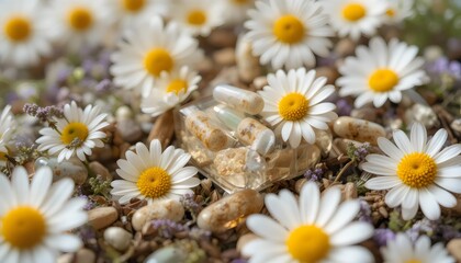 Obraz premium Botanical Capsules Floating Among Chamomile and Herbs, Natural Supplements, Herbal Medicine, Holistic Wellness, Plant-Based Health Concept