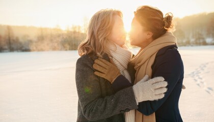 Fototapeta premium Eternal Embrace: Amidst a tranquil snowscape, two figures share an intimate embrace, their silhouettes kissed by the gentle touch of sunlight, embodying an enduring bond and timeless love.