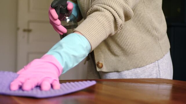 Woman in gloves wiping wooden table with cloth and spray bottle, slow dolly shot