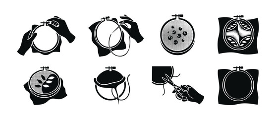 Embroidery hoop icons set vector, sewing and needlework craft elements, hand stitching and tailoring tools, monochrome flat design collection for hobby, design textile art, DIY handmade studio graphic © Fernando