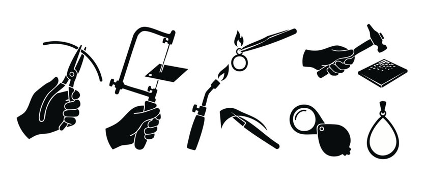 Jewelry Making Tools Icon Set, Handcrafted Metalwork Silhouettes, Goldsmith Equipment for Casting, Soldering, and Design on White Background, Professional Crafting Hobby and Small Business Workshop Ve