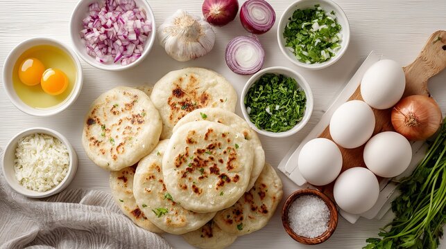 A delicious spread of ingredients for making traditional pupusas with eggs, onions, and herbs on a white wooden table.