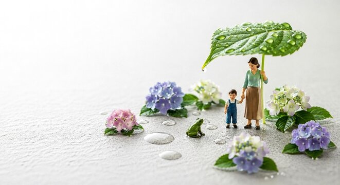 Miniature mother and son with frog under leaf umbrella and hydrangeas