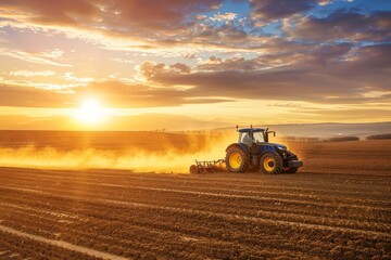 Fototapeta premium Tractor working in a field at sunset with clouds in the sky showcasing agricultural practices and machinery in action across farmland. Generative AI