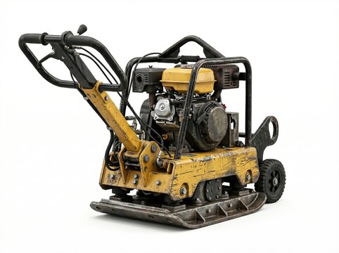 Heavy duty yellow plate compactor machine isolated on white background.