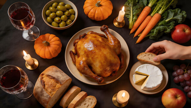 Roasted chicken bread olives carrots