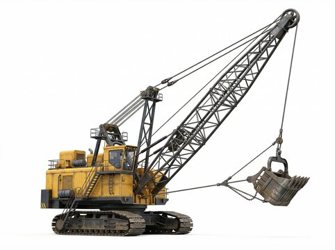 Large yellow dragline excavator heavy industrial mining machine isolated on white background.