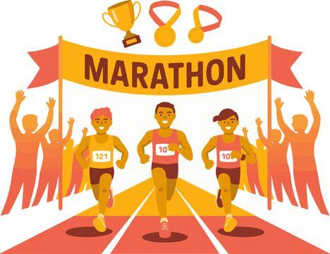 Three determined runners sprint across the finish line during a lively city marathon event to achieve their sporting career goals