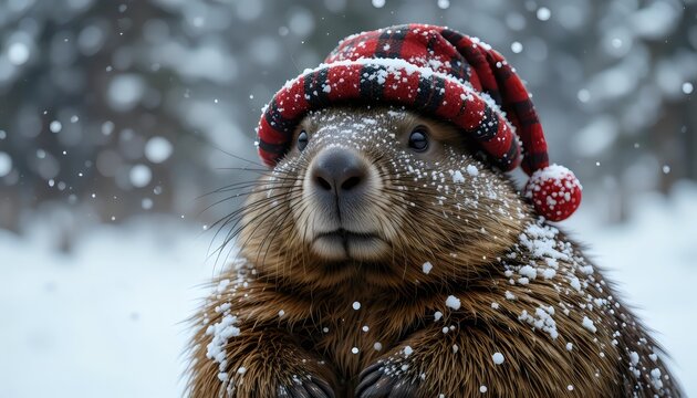 Groundhog Phil Wearing Plaid Hat in Snowfall, Predicting Winter Weather, Groundhog Day Tradition, Seasonal Forecast Celebration Concept