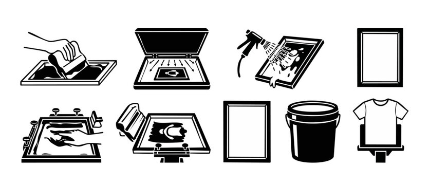 Screen Printing Process Icons Set, Manual T-Shirt Printing Equipment and Tools for Textile Production, Vector Collection of Silk Screen Frames, Squeegees, Ink Bucket and Exposure Unit for Apparel Desi