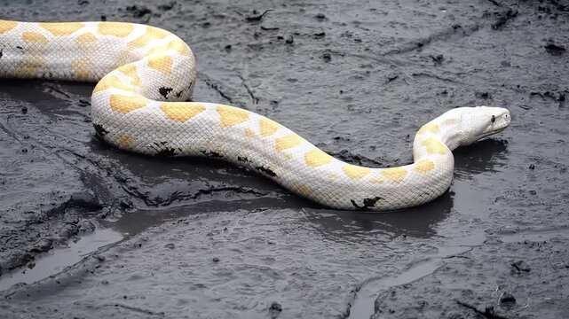 Large albino python snake slithering through thick dark mud outdoors