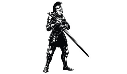 A striking black and white illustration depicts a fully armored medieval knight standing guard with a sword presented as a silhouette high quality professional © rsvect02