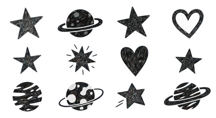 Hand-drawn space icons: planets, stars, and hearts in doodle style © Yunan