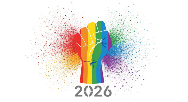 Rainbow-colored fist with scattered star confetti, symbolizing pride, activism, and celebration, representative of equality and diversity movements