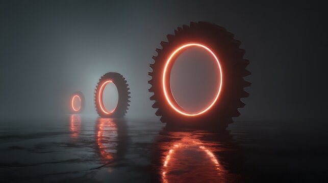Glowing red and orange neon mechanical gears on a dark background. : Industrial, technology, automotive concept. Glowing neon lights with 3D gear element, Industrial or heavy duty vehicle tires. 