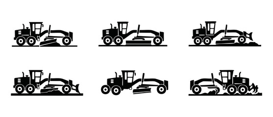 Obraz premium Motor Grader Icons Set Construction Equipment Vector for Road Building and Site Leveling Projects, Heavy Machinery Silhouette Symbols for Infrastructure Development and Industrial Earthmoving Tasks
