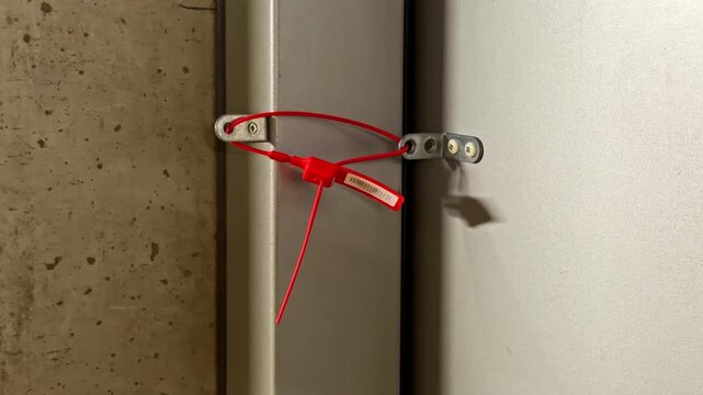 A red cable tie secures a metal latch on an industrial door, highlighting safety measures. Useful for security and manufacturing content.