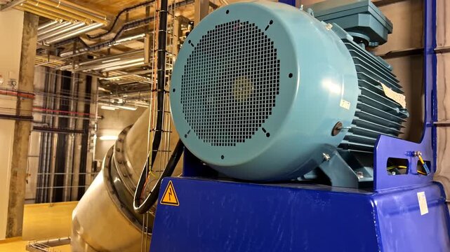 A large blue motor stands prominently in an energy facility, surrounded by metal piping. Ideal for engineering and industrial content.