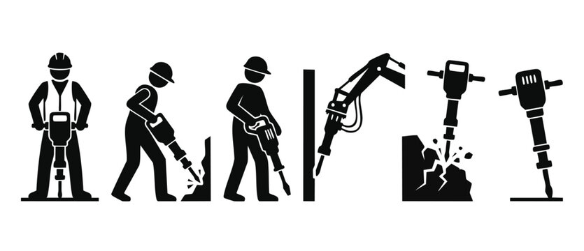 Jackhammer construction worker icon set, pneumatic drill operator tools, heavy demolition machinery silhouettes for building site road repair, industrial equipment infographic vector black symbols col