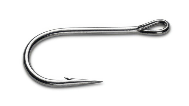 A silver metal fishing hook with a sharp barb isolated on a solid white background