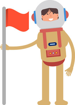 Astronaut Character Standing with Flag Pole
