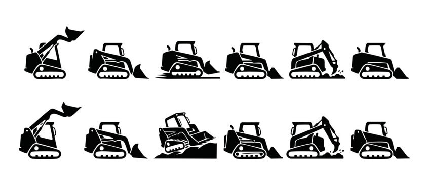 Skid Steer Loader Vector Icons, Construction Equipment Silhouette Collection for Heavy Machinery Business, Engineering Projects, Industrial Site Planning, and Building Site Diagrams in Flat Black Grap