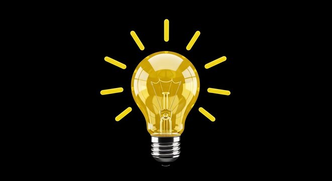Bright yellow lightbulb illuminated against a stark black background, symbolizing ideas