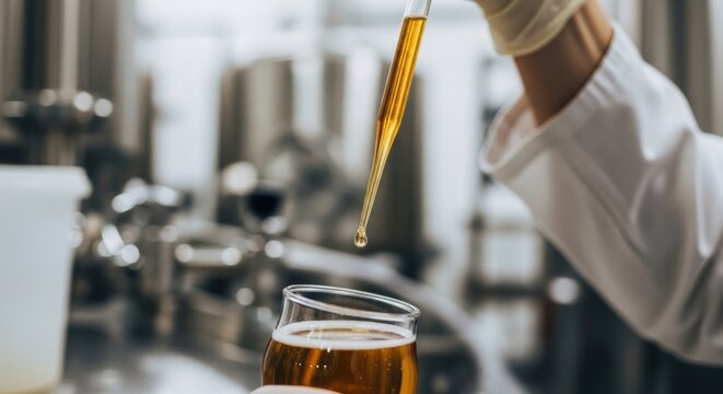 Brewer testing beer sample with dropper in brewery. Worker checking quality of beverage craft production. Professional liquid laboratory analysis for beer brewing control in factory.