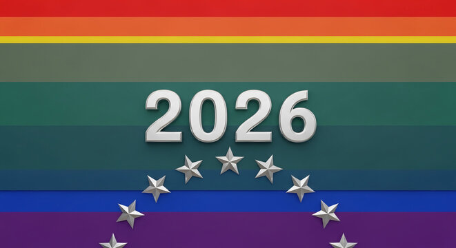 Silver 3D year 2026 with silver star elements on a rainbow flag background, symbolizing future events, pride, and unity, suitable for announcements or celebrations.