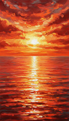 Fototapeta premium Textured oil painting of a vibrant sunset over the ocean, with thick brushstrokes creating fiery clouds and shimmering water, symbolizing passion and natural beauty