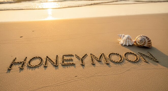 Word honeymoon written in wet golden beach sand. Seashells lying nearby at sunset. Romance, travel destination and vacation concept for couple celebrating wedding after marriage journey.