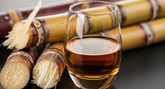 Glass of rum next to sugarcane stalk. Traditional alcoholic beverage production and agriculture concept. Raw material for spirit distillate industry. Beverage made from sugar cane plant.