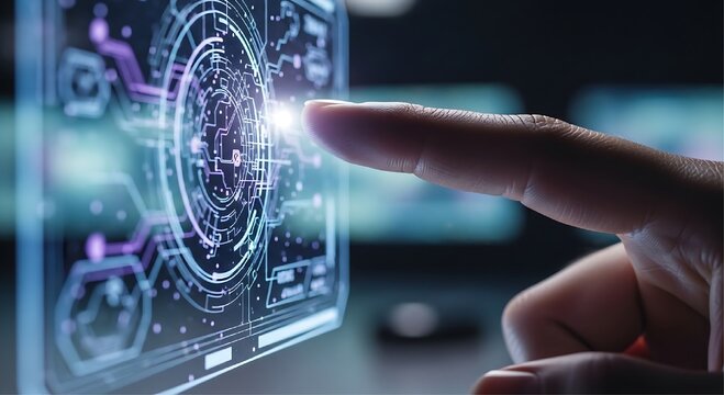 A single finger touches a purple and blue circular holographic interface on a transparent display in a dark high tech environment.