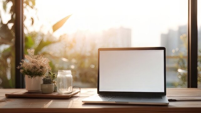 Modern office desk featuring a laptop with a blank white screen.&nbsp;