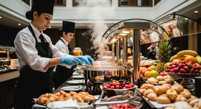 Two Female Chefs Preparing Food at a Hotel Buffet Restaurant