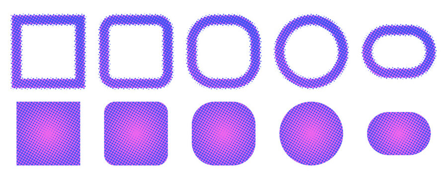 Abstract geometric halftone shapes set with rounded squares and circles in purple blue gradient