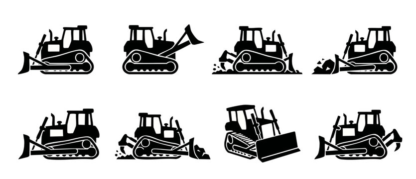 Bulldozer icon set, construction machinery vector graphics for industrial site planning, heavy equipment silhouette collection with digging and grading blades for building, excavation and architecture