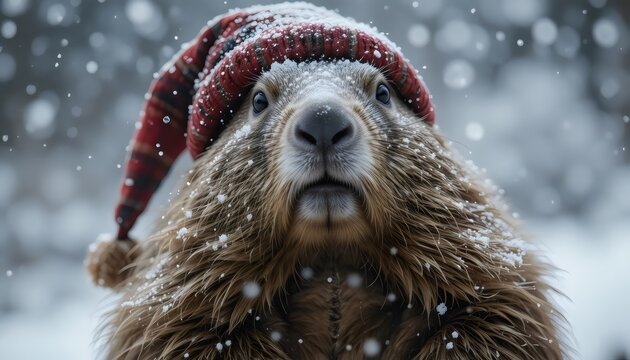 Groundhog Phil Wearing Plaid Hat in Snowfall, Predicting Winter Weather, Groundhog Day Tradition, Seasonal Forecast Celebration Concept