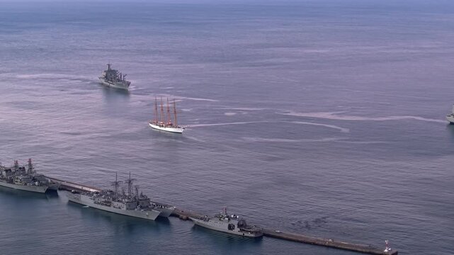 Aerial orbit of the training ship La Esmeralda and warships of the Chilean Navy in Valparaiso Bay