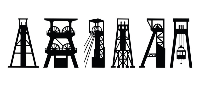 Mining Headframe Silhouettes Set Industrial Extraction Towers Icons for Coal Mine Infrastructure Design, Vector Illustration of Vertical Winding Shaft Structures Isolated on a White Background for Eng