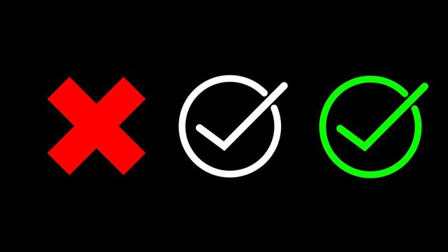 green checkmark, white check mark on circle and cross result or wrong result and cancel task 