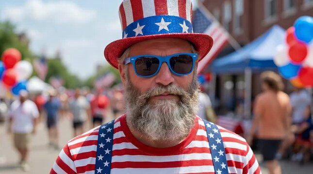 Middle aged man with beard in patriotic hat and glasses celebrating independence day with festive spirit.