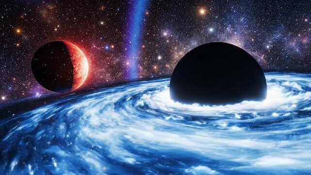 Black hole with glowing blue accretion disk and red planet