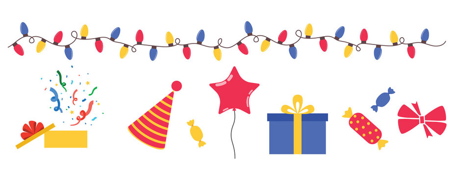 Party supplies - giftboxes, party hat, candies, bow, bunting. Flat Illustration on a transparent background