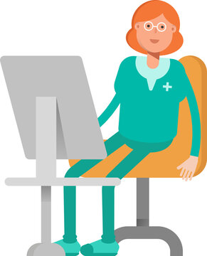 Female Doctor Character Working on Desktop
